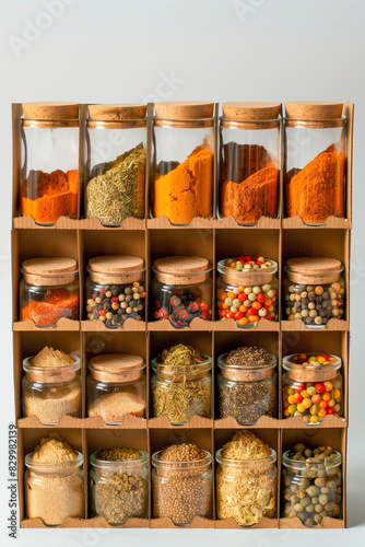 A spice rack with many different spices in glass jars photo