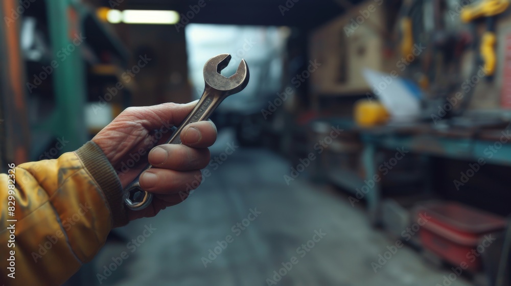 The hand of a mechanic confidently holding a customer service guarantee badge, with a background showcasing a clean and organized auto repair workshop, 