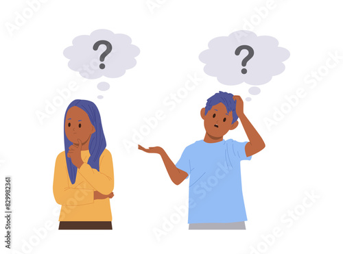 Preteen boy and girl children cartoon characters with question sign thinking and brainstorming