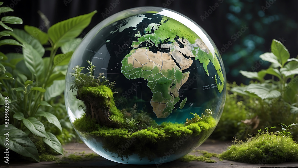World environment day, Surrounding the globe are small plants and leaves extending outward, symbolizing nature and environmental growth against a dark blurred background World environment day, Surrounding the globe are small plants and leaves extending outward, symbolizing nature and environmental growth against a dark blurred background