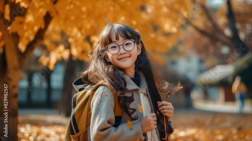 Happy asian schoolgirl girl with backpack smiling