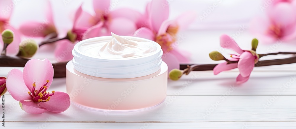 A cosmetic cream with pink flower petals sits on a white wood table creating a beautiful composition in the copy space image A cosmetic cream with pink flower petals sits on a white wood table creating a beautiful composition in the copy space image