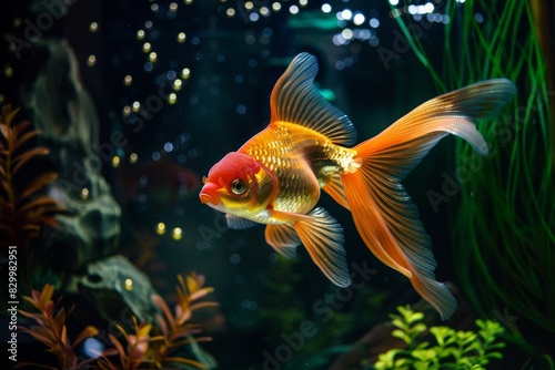 Peaceful fish tank setting. Goldfish swimming in stunning aquatic plants