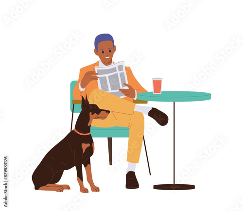 Stylish businessman cartoon character with dog animal visiting pet friendly cafe isolated on white