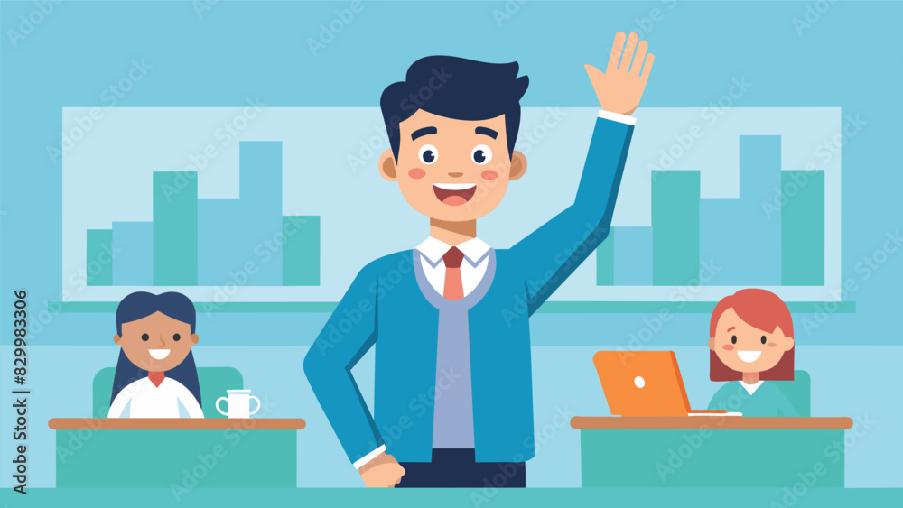 A student raises their hand in class confidently sharing their goal of improving their public speaking skills.. Vector illustration A student raises their hand in class confidently sharing their goal of improving their public speaking skills.. Vector illustration