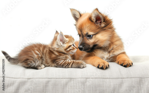 A happy dog playing with an adorable kitten