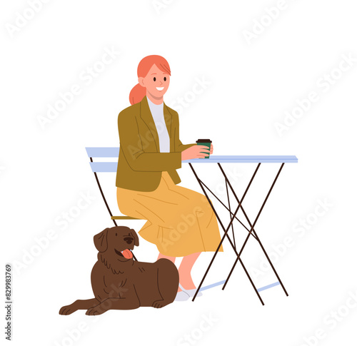 Happy smiling fashion woman isolated cartoon character with dog visiting pet friendly street cafe