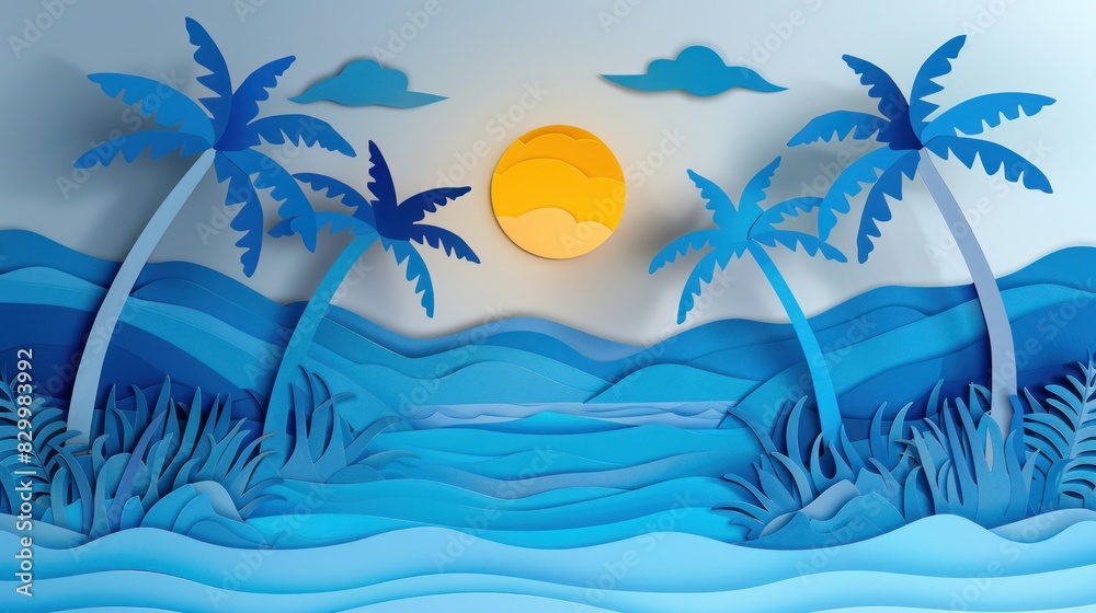 Decorative paper art of a tropical landscape with palm trees, rivers, skies, and the sun, illustrated as a summer concept illustration using blue paper