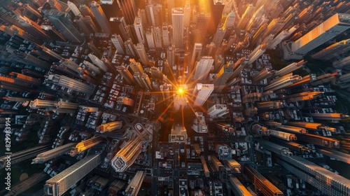 Bird's eye view of the city There is light from the sun. highest resolution photo