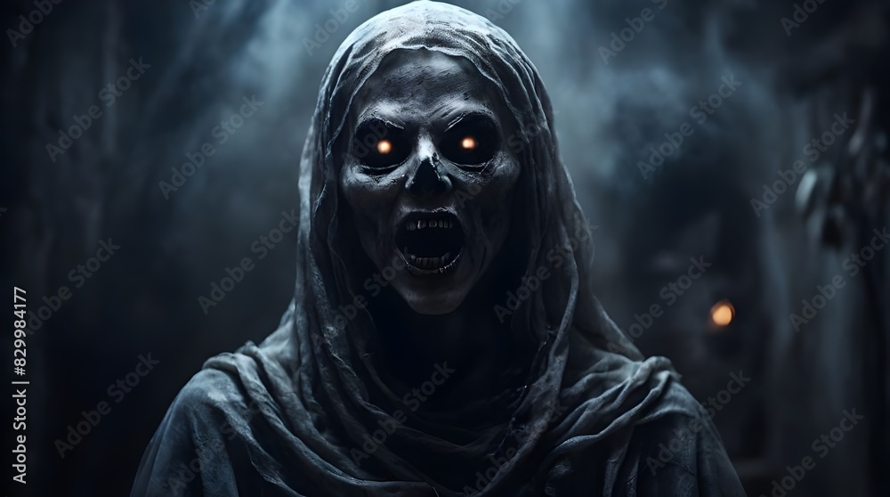 Evil halloween ghost avatar with open mouth coming towards you scary spooky horror background. Generative AI Evil halloween ghost avatar with open mouth coming towards you scary spooky horror background. Generative AI