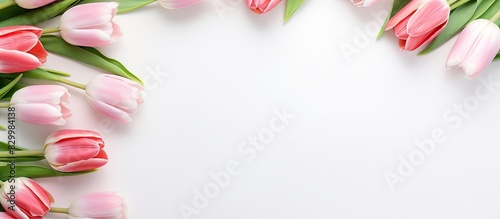 A composition of fresh tulips surrounds a white sheet of paper creating a banner with copy space image #829984138