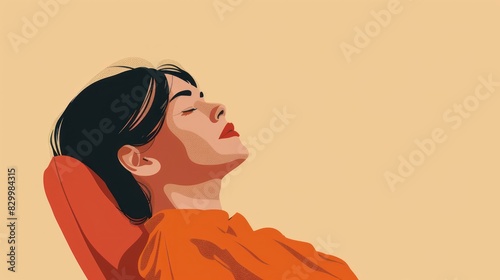 minimalist illustration profile view of woman with expression of relaxation, full body, wide view, leaning back in chair with head tilted back,