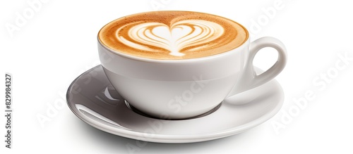 Isolated on white there is a cappuccino with a heart shape The image includes copy space with a clipping path
