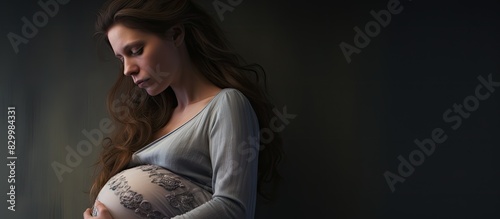 Indoor copy space image A small girl tenderly embraces the belly of her pregnant mother whose identity remains undisclosed photo