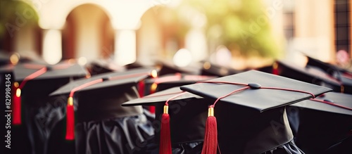 A close up image of graduation hats worn by successful university graduates during a commencement ceremony with a congratulatory educational theme Copy space for banners photo