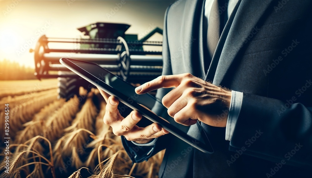 Naklejka premium Businessman Holding Tablet in Wheat Field