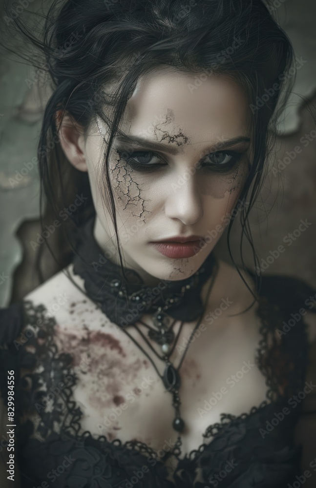 a modeling photo of a beautiful modern kintsugi cracked skin wearing a Baroque styled gown a modeling photo of a beautiful modern kintsugi cracked skin wearing a Baroque styled gown