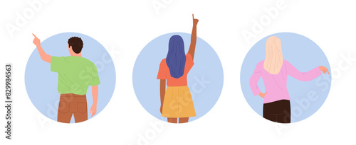 Back view of different people cartoon characters pointing with finger isolated round composition set