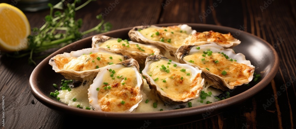A close up photo of oysters with a cheesy gratin topping on a plate The dish is served on a painted wooden table with a green garnish There is ample copy space in the image