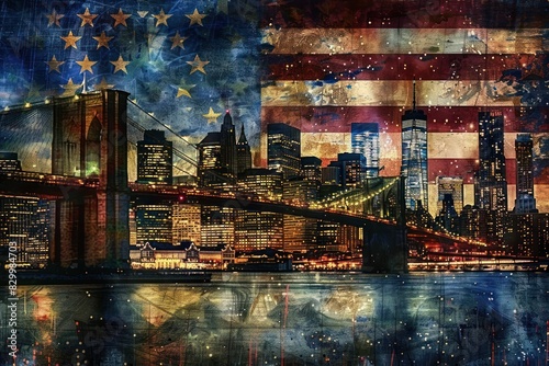 looking from governors island at night, a new york city skyline with the brooklyn bridge. oil painting style. a large american flag with 50 stars shadowed in the background. photo