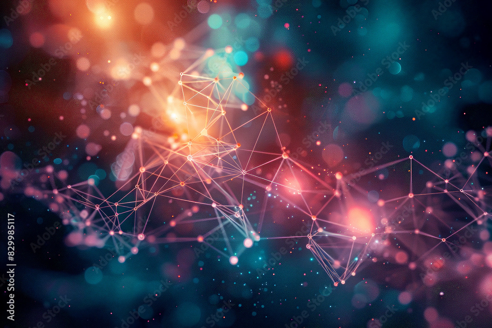 Fototapeta premium A visually captivating abstract representation of interconnected digital nodes and lines, illuminated with vibrant colors against a dark background.