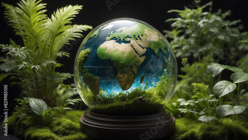 World environment day, Surrounding the globe are small plants and leaves extending outward, symbolizing nature and environmental growth against a dark blurred background