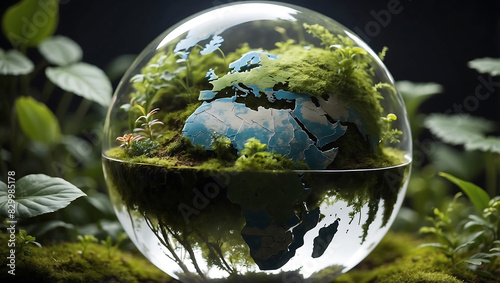 World environment day, Surrounding the globe are small plants and leaves extending outward, symbolizing nature and environmental growth against a dark blurred background
