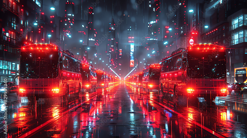 A long line of buses with their red lights on drive through a rainy city street at night