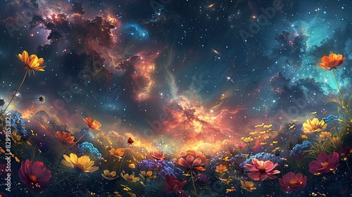 A photo of a celestial garden with floating flowers  a cosmic sky with galaxies and nebulae in the background