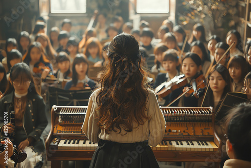 A young woman in a long white dress is playing the piano in a large concert hall photo