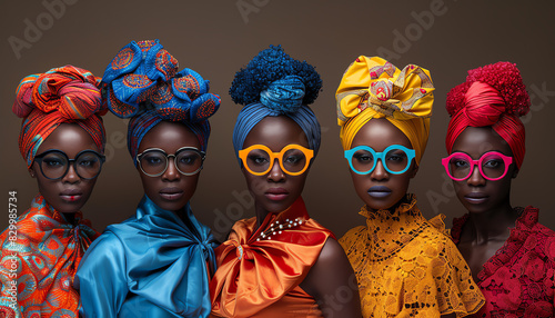 Five black models wearing colorful head wraps and glasses pose together. photo