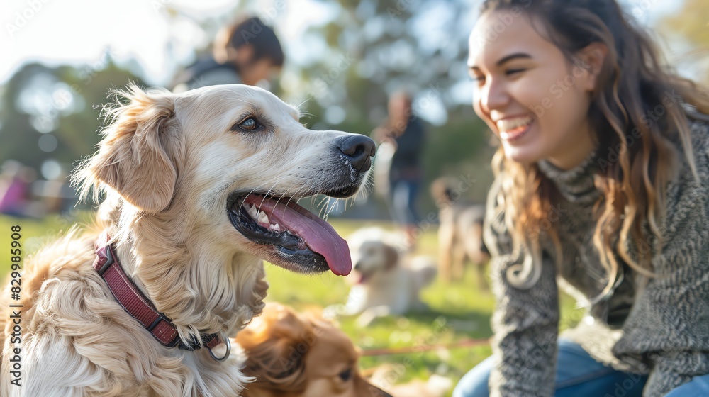 Smiling woman looks at her Golden Retriever in a park. Smiling woman looks at her Golden Retriever in a park.