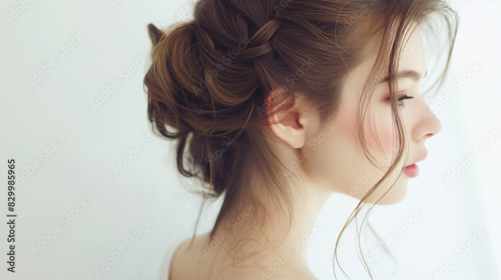 Young woman with elegant updo hairstyle standing against white background in natural light. Young woman with elegant updo hairstyle standing against white background in natural light.