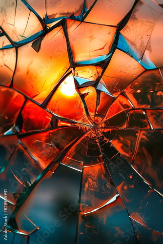 Cracked and shattered glass with metallic shards  reflecting a fiery sunset.