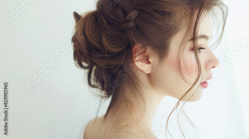 Young woman with elegant updo hairstyle standing against white background in natural light.