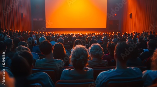 Rear view of a packed movie theater audience watching a film on a large screen.