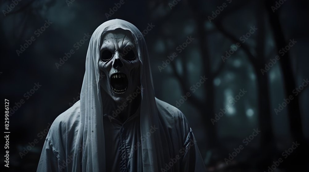 Evil halloween ghost avatar with open mouth coming towards you scary spooky horror background. Generative AI Evil halloween ghost avatar with open mouth coming towards you scary spooky horror background. Generative AI