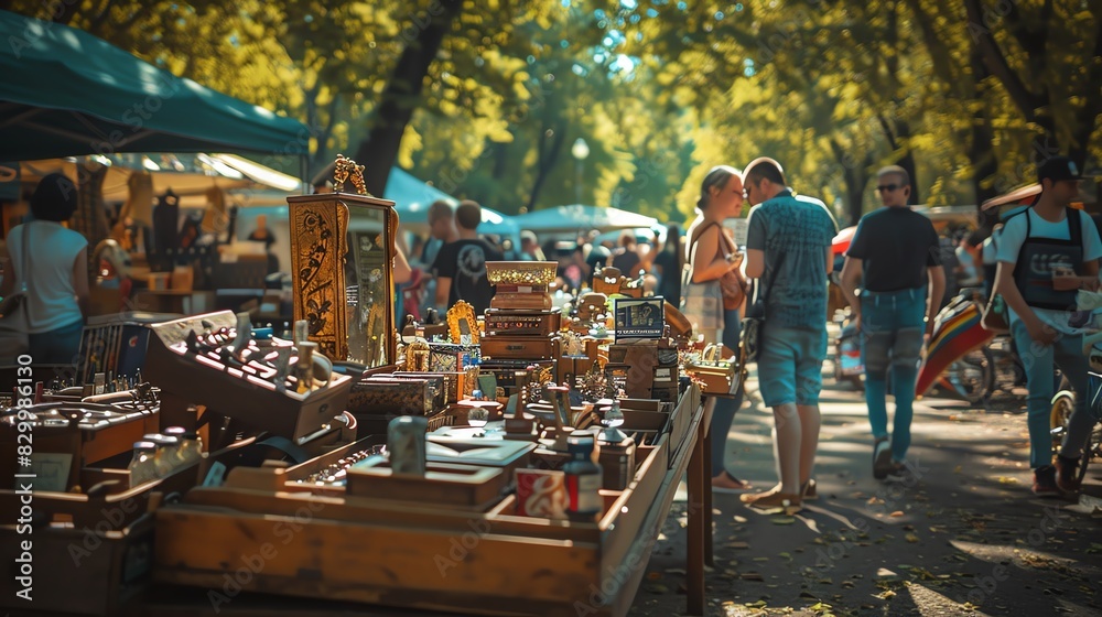 People browsing through antique and vintage goods at a bustling outdoor flea market.
