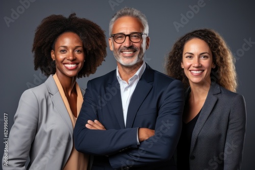 A diverse group of three colleagues standing next to each other in a studio shot