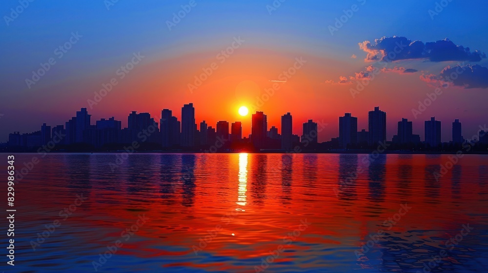 Fototapeta premium Sun Setting Over City Skylinefull resolution