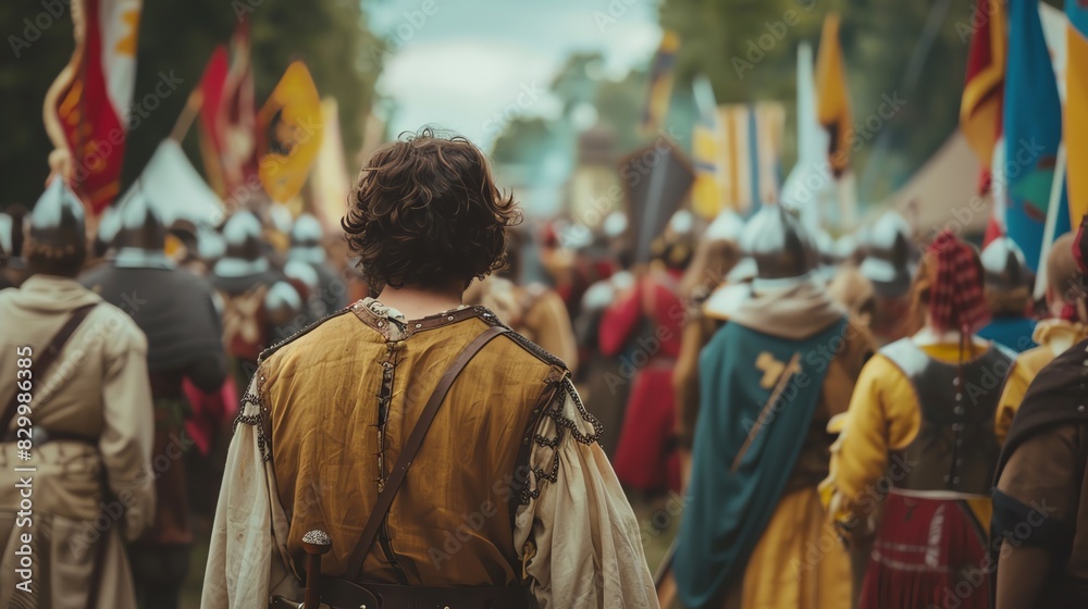 A man in medieval clothing walks through a crowded marketplace, flags waving in the background. A man in medieval clothing walks through a crowded marketplace, flags waving in the background.