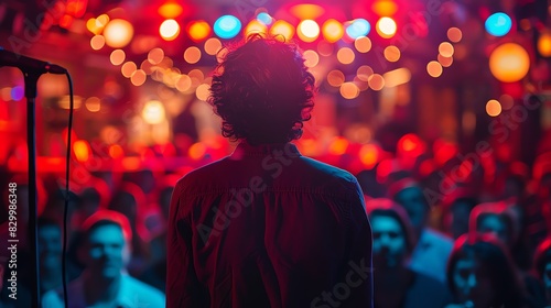 Silhouette of a man facing a crowd in a dimly lit room with red and blue lights.