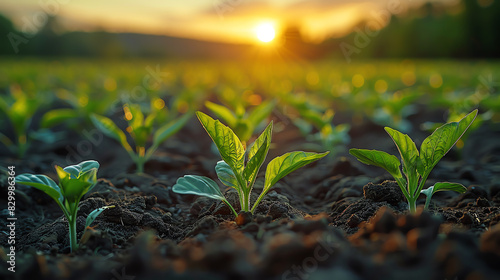 A field of young green plants growing in the soil at sunset