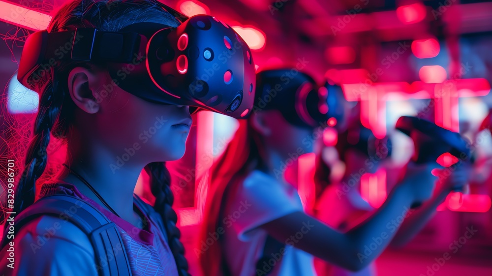 Two young girls wearing VR headsets and holding controllers, immersed in a virtual reality experience. Two young girls wearing VR headsets and holding controllers, immersed in a virtual reality experience.