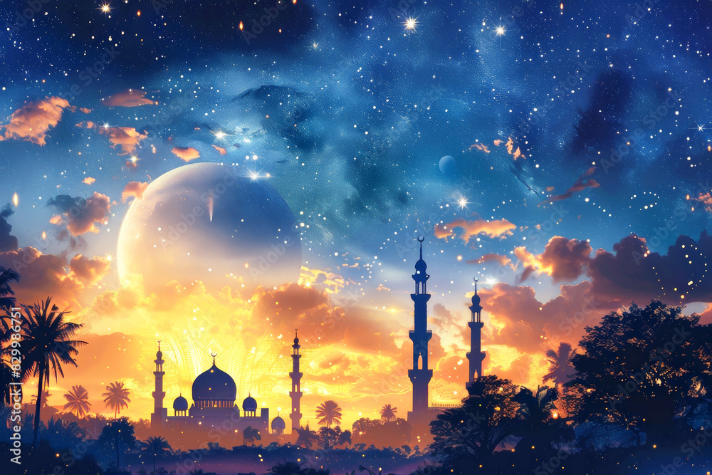 Dreamlike scene of a mosque under a starry sky with a giant moon.