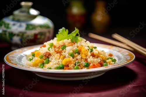 Juicy fried rice on a porcelain platter against a chenille fabric background