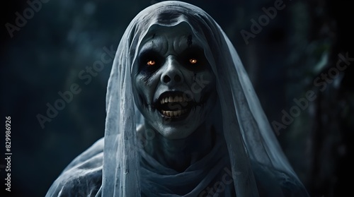 Evil halloween ghost avatar with open mouth coming towards you scary spooky horror background