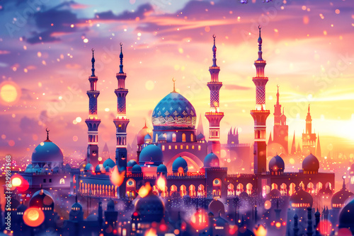 Beautifully lit mosque at sunset with colorful lights, creating a magical evening scene.