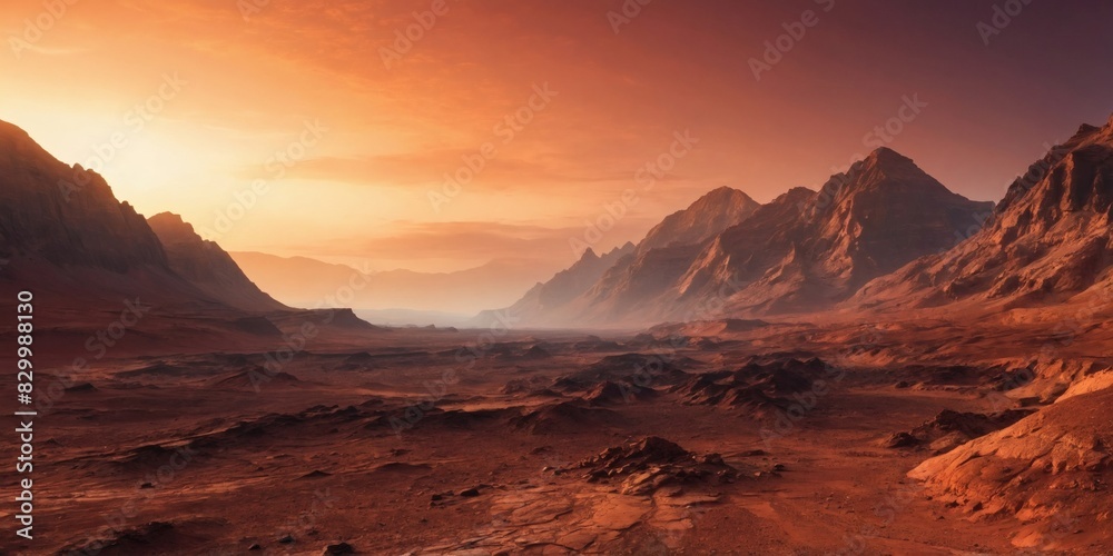 Sunrise,sunset on Mars, Scenic view of the Martian landscape with rugged mountains under the red-tinged glow of dawn or dusk.
