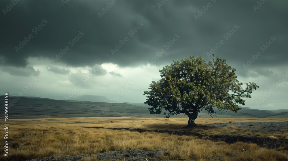 Lone tree in vast landscape under dramatic cloudy sky. Lone tree in vast landscape under dramatic cloudy sky.